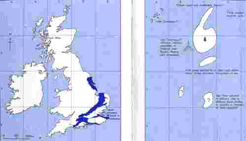 3. Palaeogeography of Britain and Ireland around 80 million years ago (right), with areas of exposure of Late Cretaceous rocks shown (left) for reference. This sketch was made in the mid-1970s.